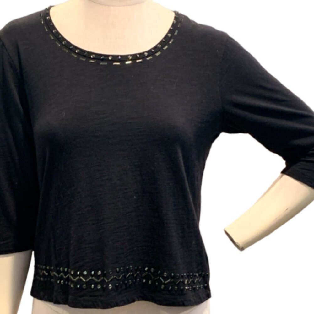 Onque Casuals Cotton Slub Beaded Cropped Tee Top L Black #99F